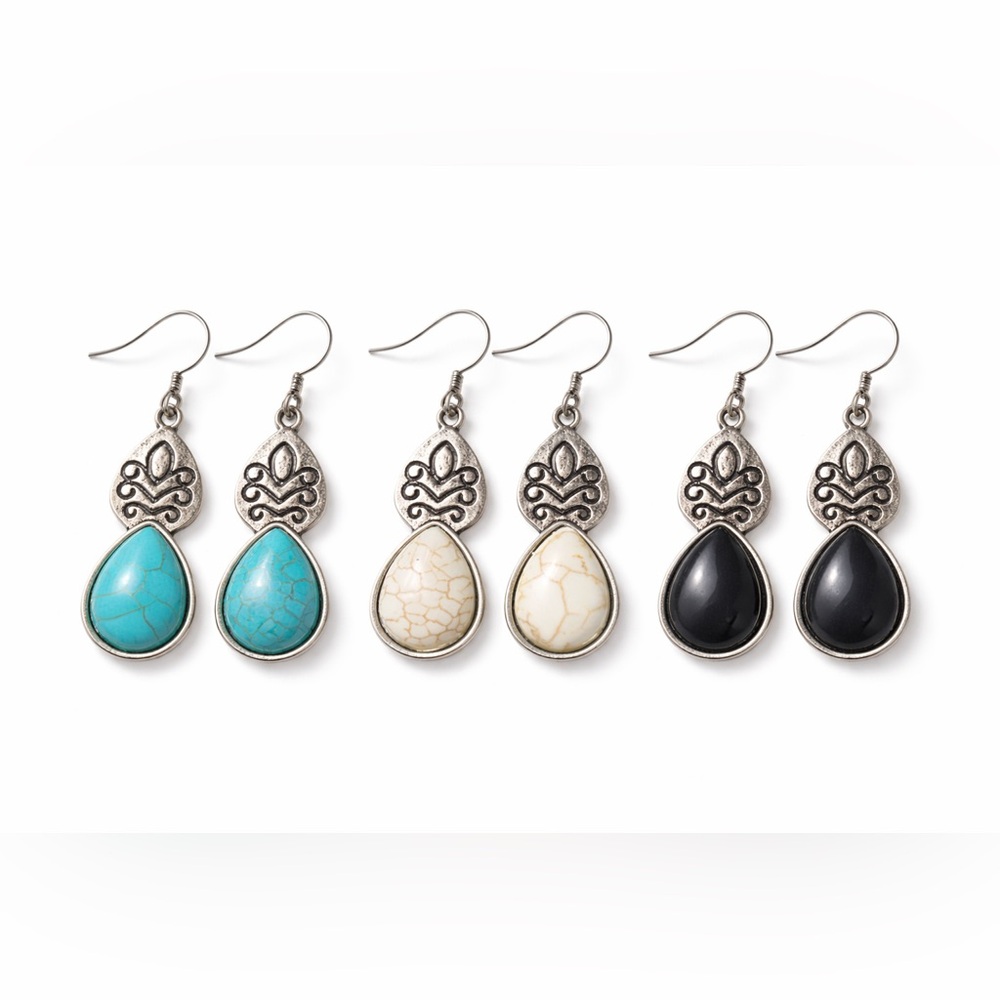 Boho Teardrop Dangle Earring Set 3 Pair Turquoise Black White Western Style